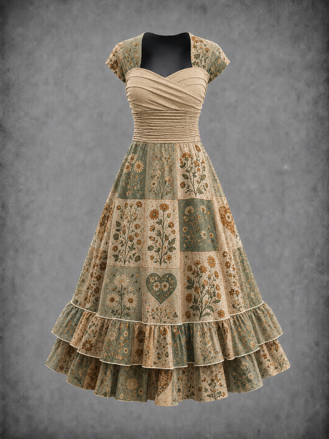 Floral Art Print Vintage Short Sleeve Midi Dress